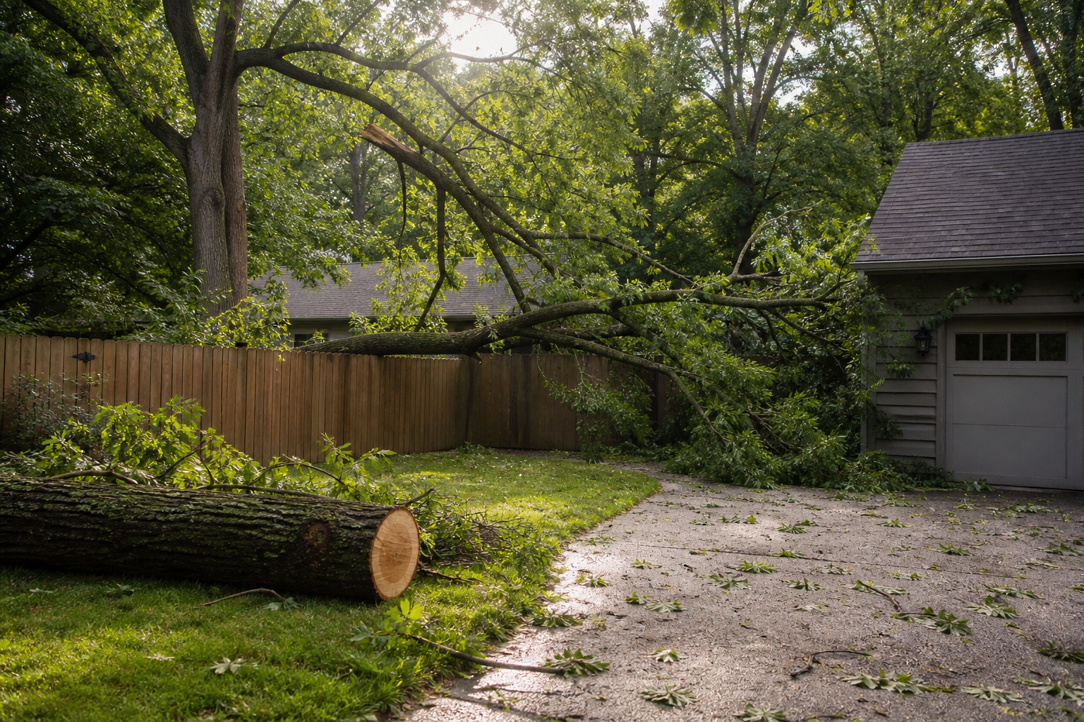 A large tree limb over a Nashville-style backyard and driveway, used as tree-service context